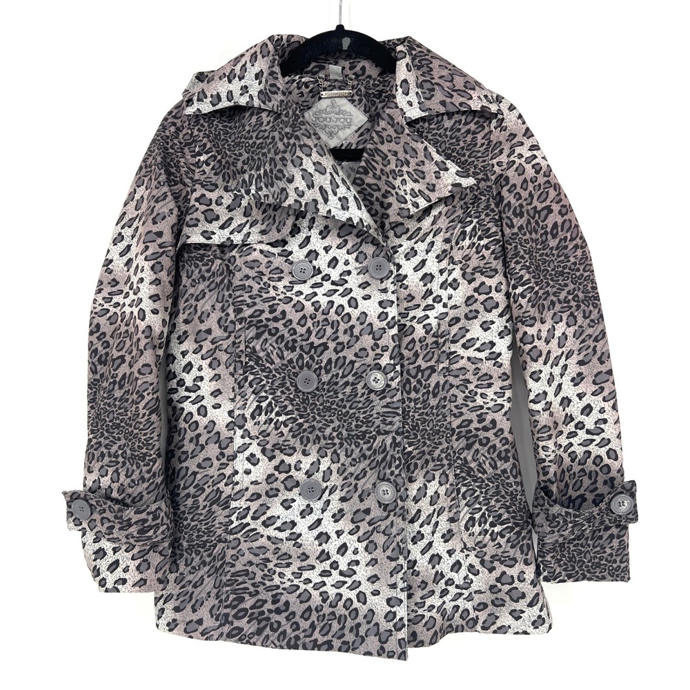 Anthropologie Joujou Gray Leopard Trench Short Double Breasted Jacket‎ Large EUC